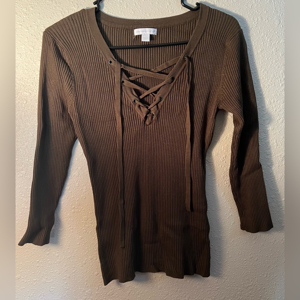 New York & Company Lace-Up Ribbed Long Sleeve Top - OLIVE GREEN